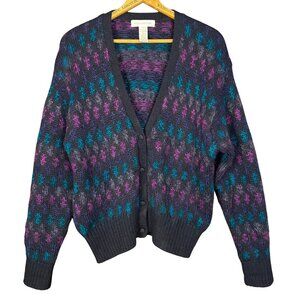Vintage 90s Mohair Cardigan, Purple Teal Argyle Print